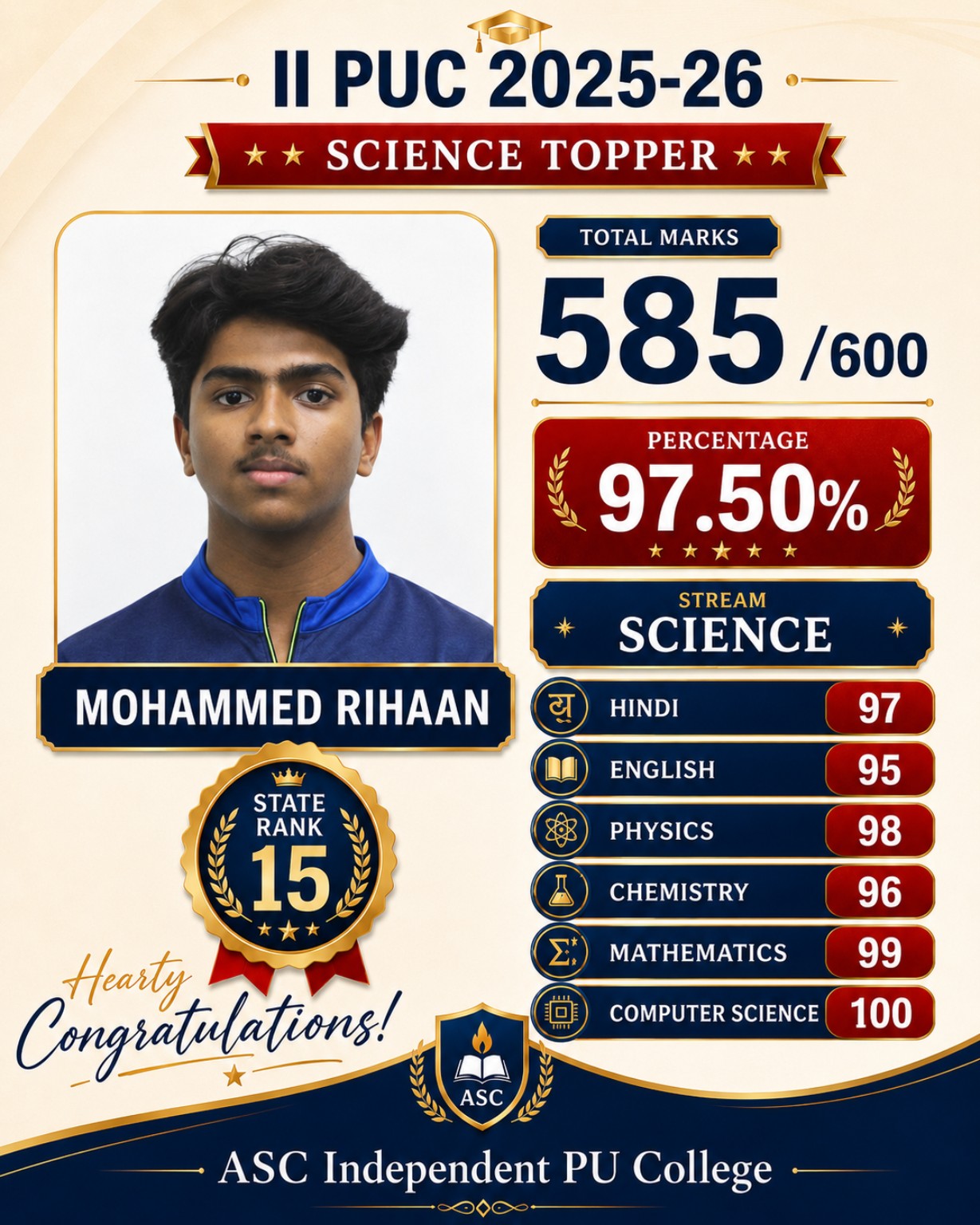 Mohammed Rihaan State Rank 15 II PUC 2025-26 ASC Independent PU College